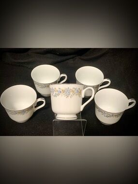 (5) Vintage Oxford “Blue Heaven” Tea Cups Bundle Blue Floral China Cups